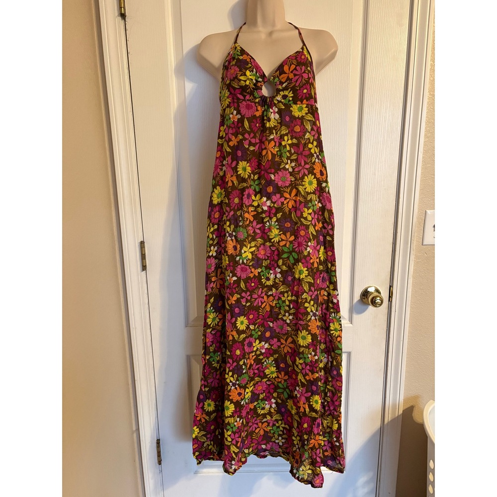 Free People Floral Halter Maxi Dress Brown Linen Blend O-Ring‎ Open Back Size 6